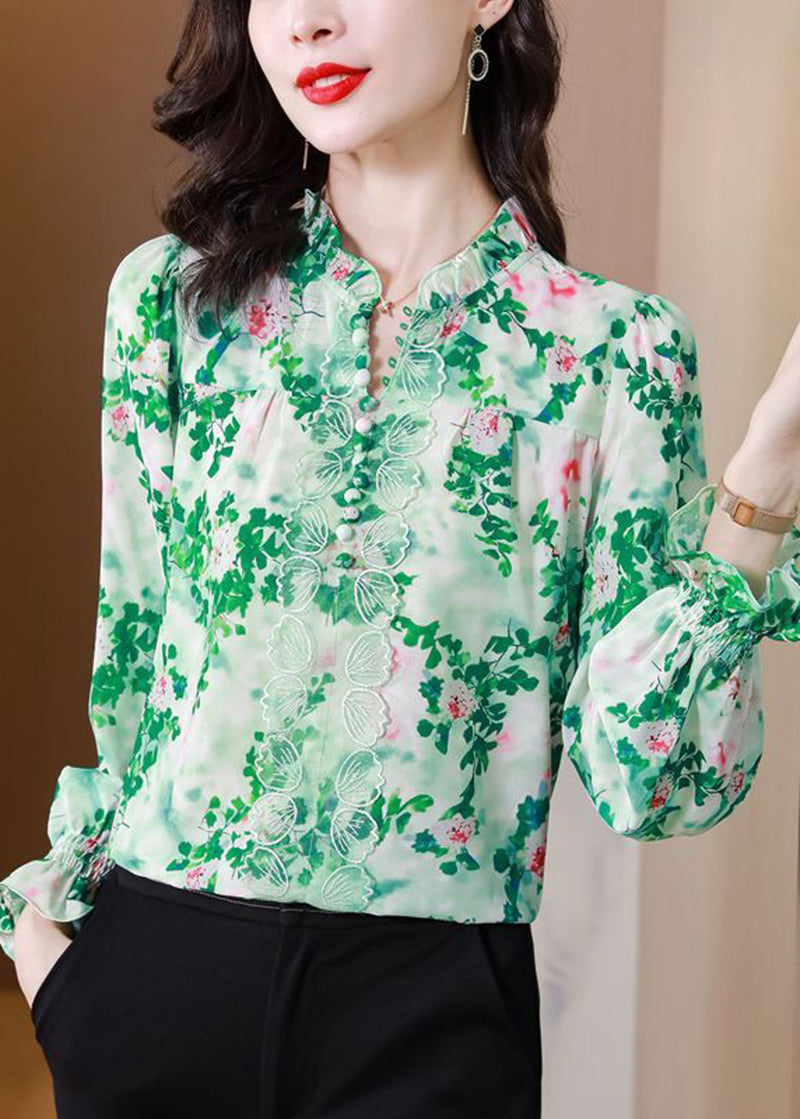 Italian Green Ruffled Print Chiffon Shirt Top Spring