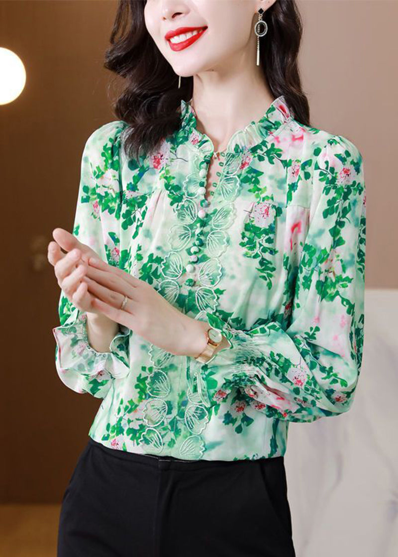 Italian Green Ruffled Print Chiffon Shirt Top Spring