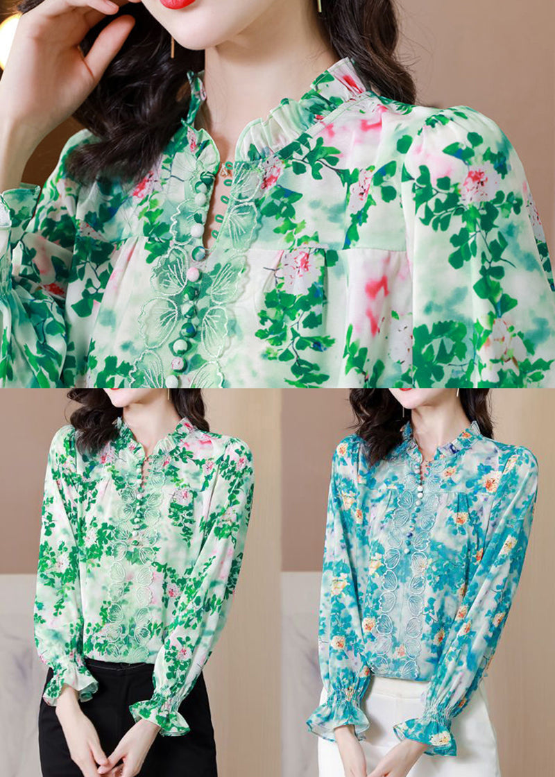 Italian Green Ruffled Print Chiffon Shirt Top Spring