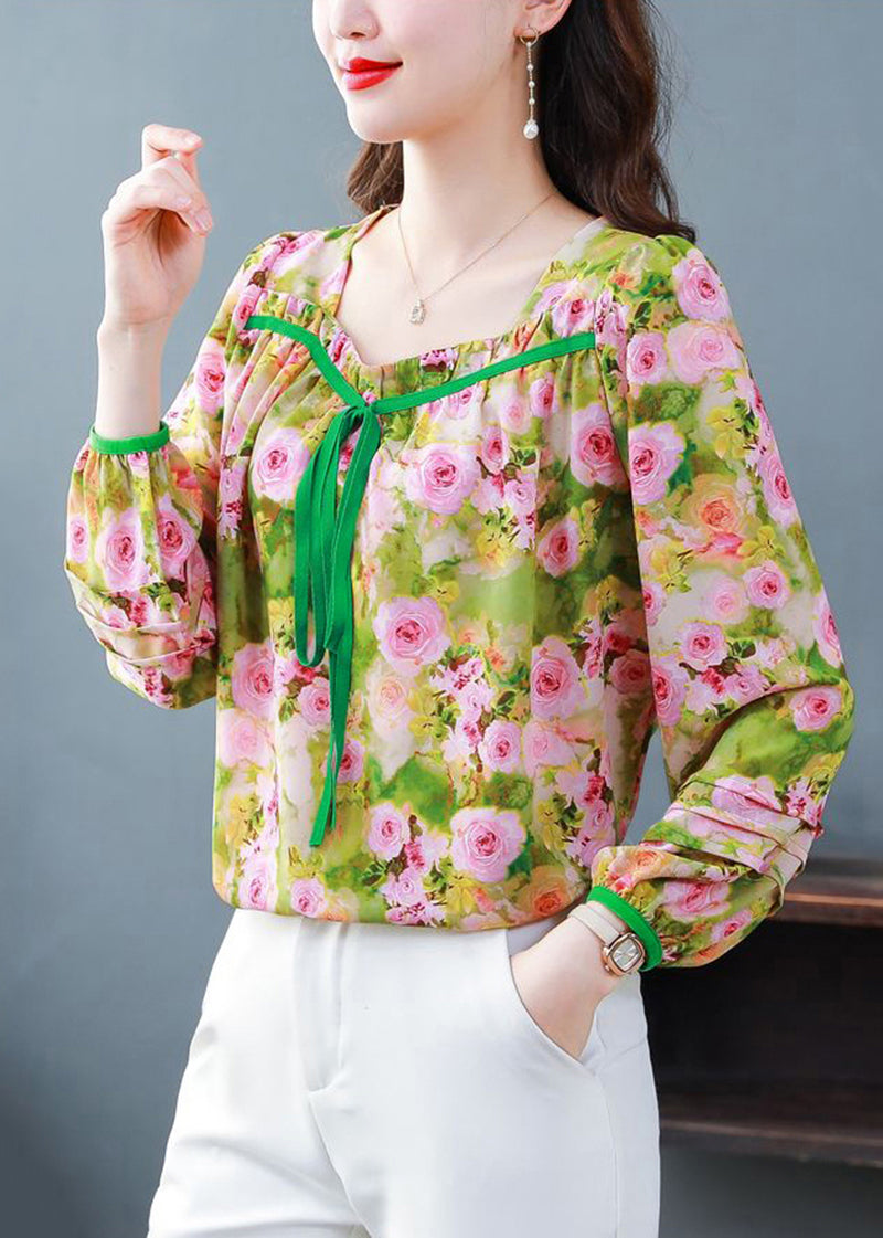 Italian Green Square Collar Bow Print Chiffon Tops Summer