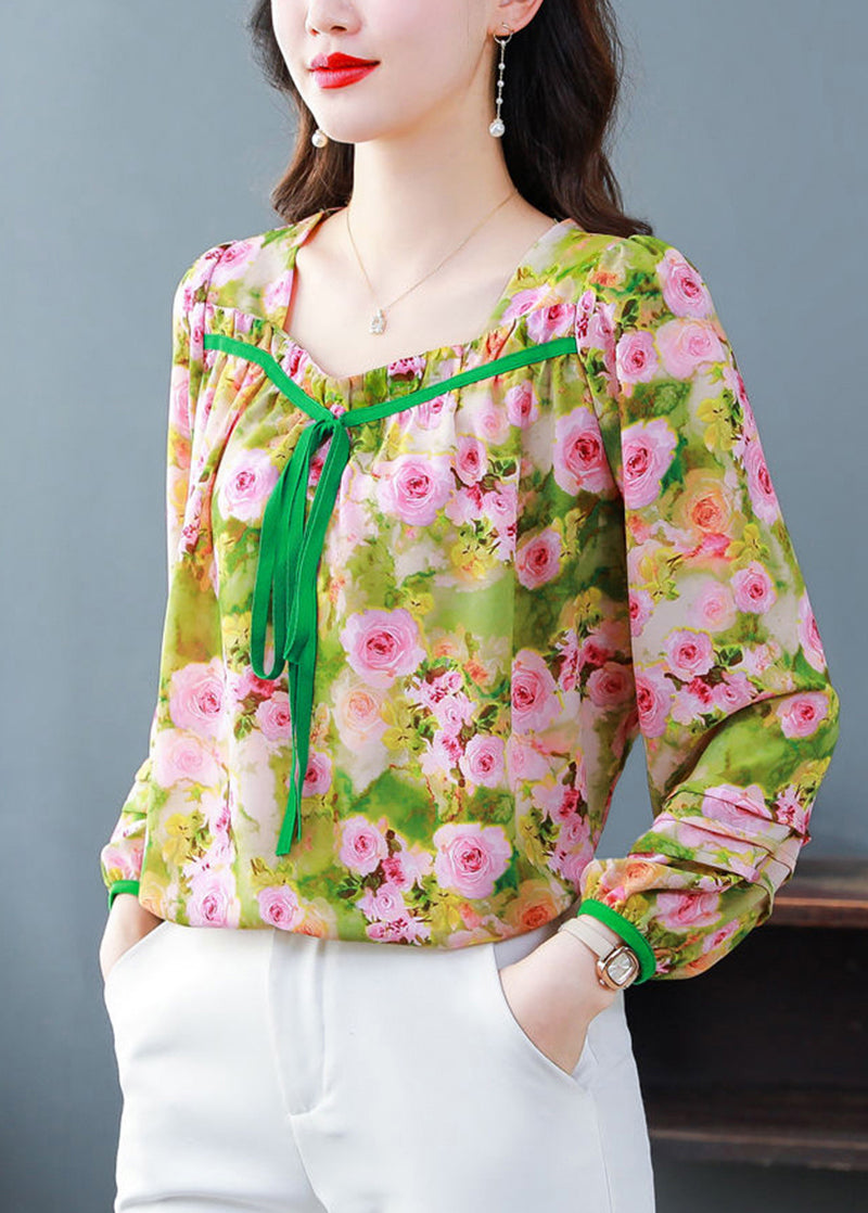 Italian Green Square Collar Bow Print Chiffon Tops Summer