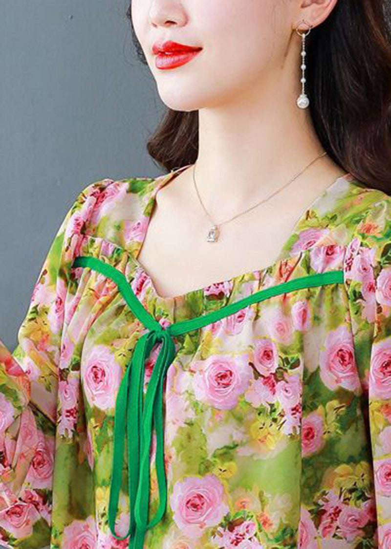 Italian Green Square Collar Bow Print Chiffon Tops Summer