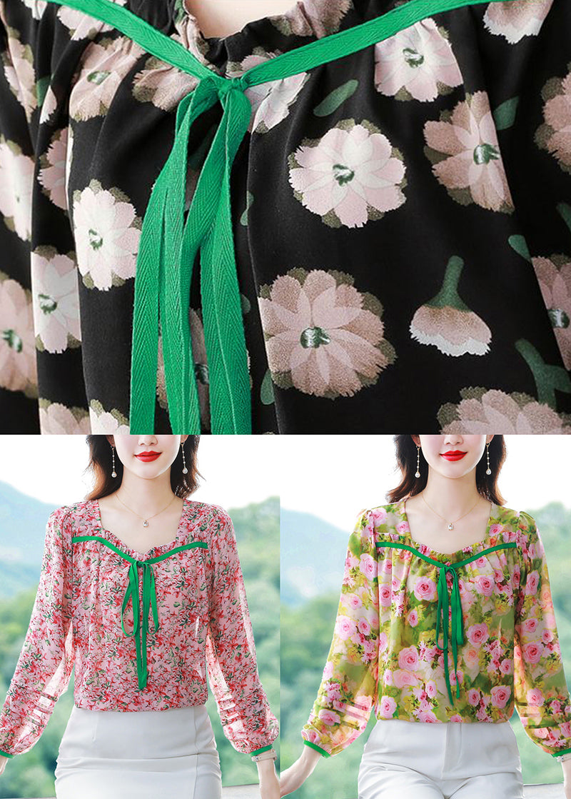 Italian Green Square Collar Bow Print Chiffon Tops Summer