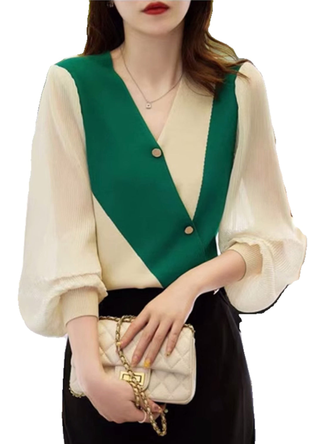 Italian Green V Neck Chiffon Patchwork Knit Shirts Fall