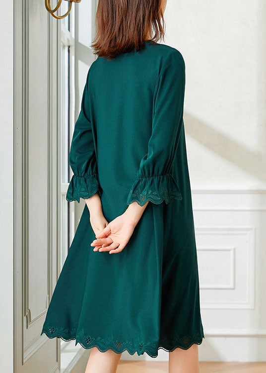 Italian Green V Neck Embroideried Patchwork Silk Dress Bracelet Sleeve