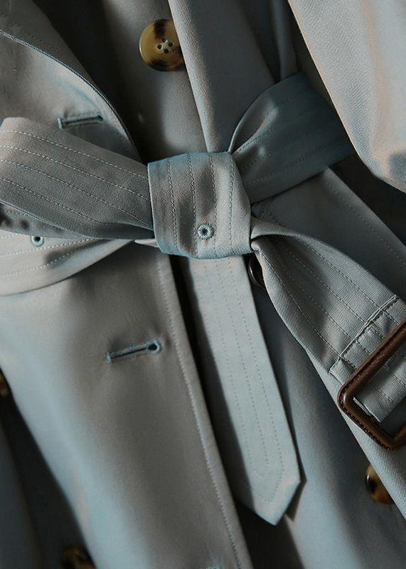 Italian Grey Blue Button Tie Waist Pockets Cotton Trench Coat Fall