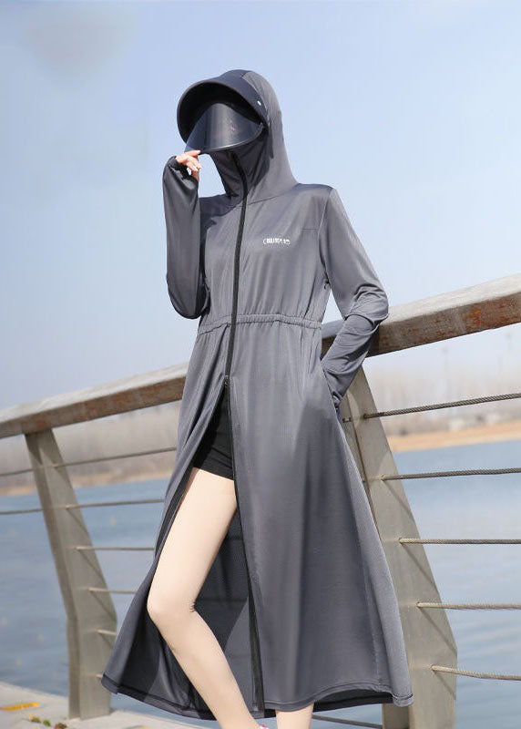 Italian Grey Hooded Pockets Zippered Patchwork Ice Silk UPF 50+ Coat Summer