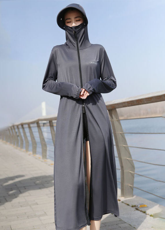 Italian Grey Hooded Pockets Zippered Patchwork Ice Silk UPF 50+ Coat Summer
