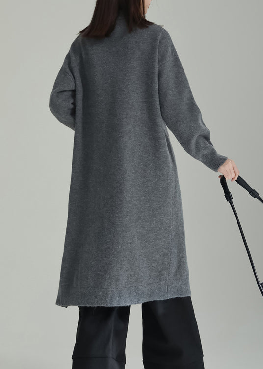 Italian Grey O Neck Side Open Patchwork Knit Dresses Winter