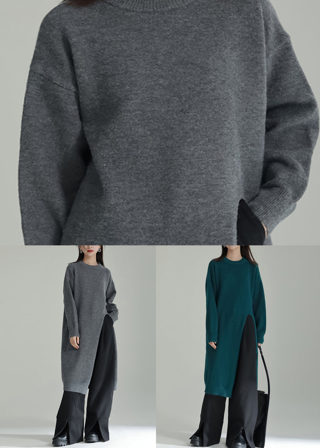Italian Grey O Neck Side Open Patchwork Knit Dresses Winter