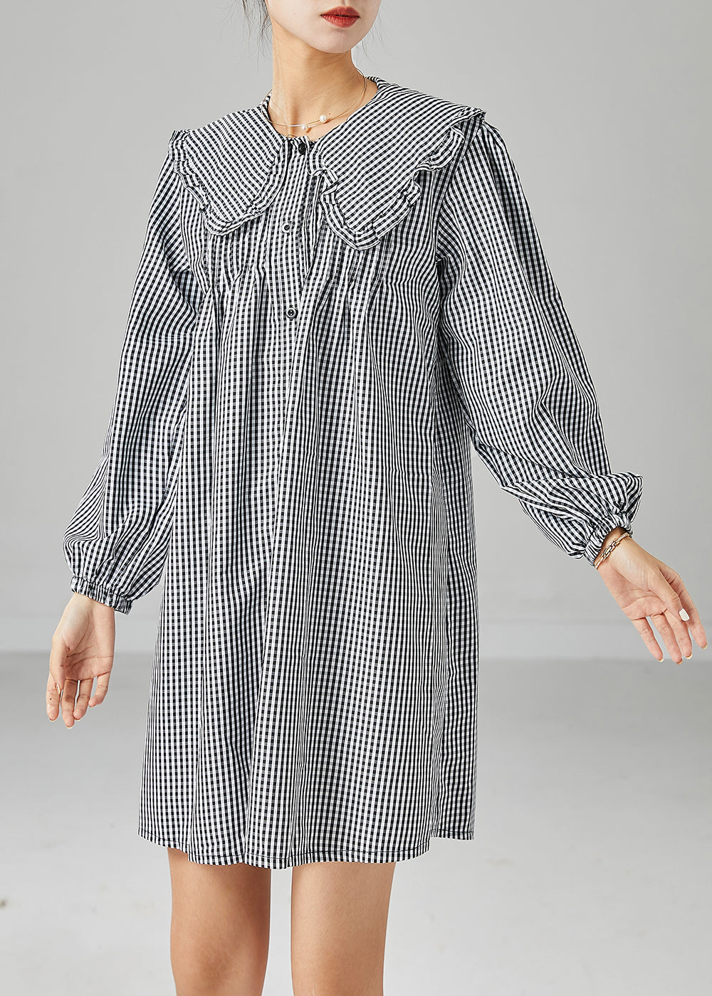 Italian Grey Peter Pan Collar Plaid Cotton Shirt Dress Fall