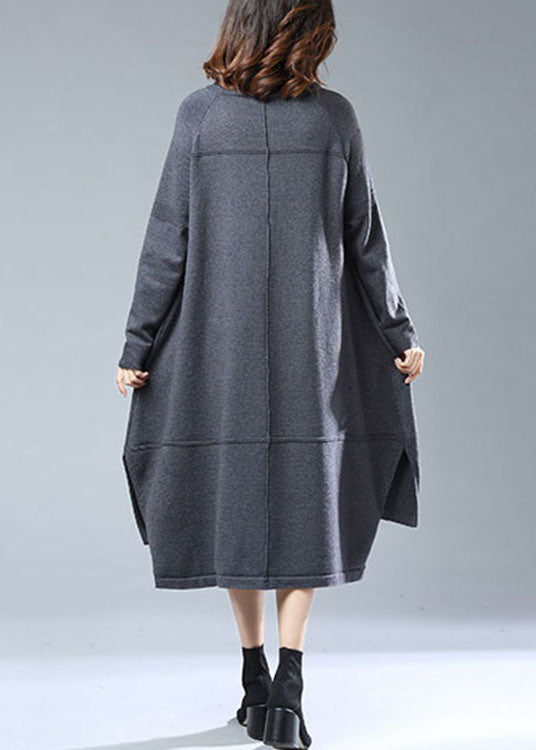 Italian Grey Turtleneck Low High Design Patchwork Woolen Dress Fall