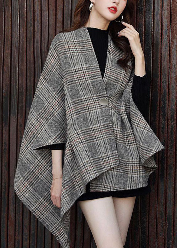Italian Grey V Neck Asymmetrical Design Plaid Woolen Coats Fall