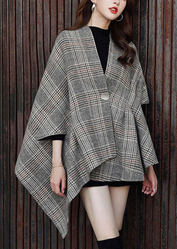 Italian Grey V Neck Asymmetrical Design Plaid Woolen Coats Fall