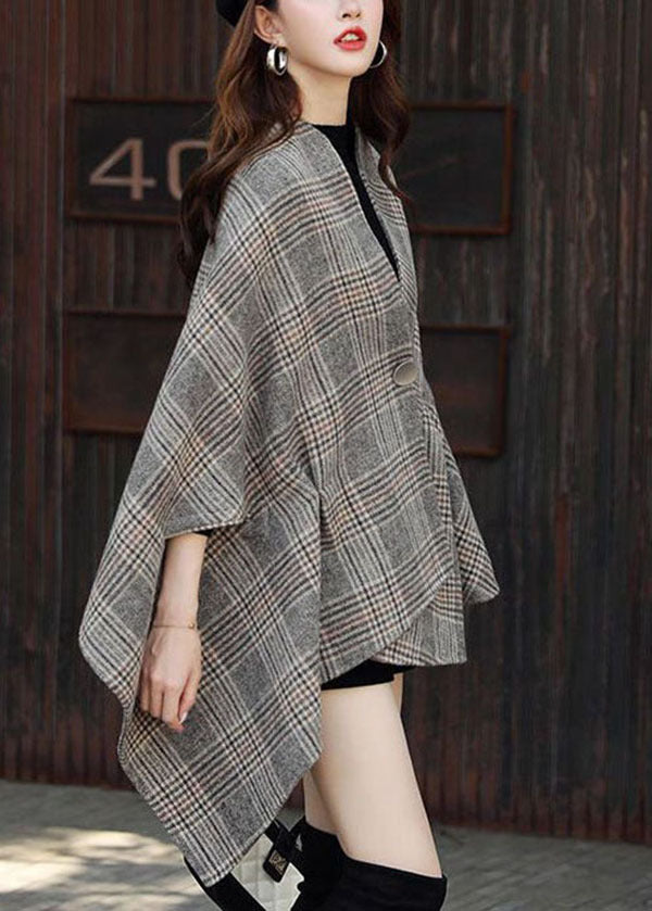 Italian Grey V Neck Asymmetrical Design Plaid Woolen Coats Fall