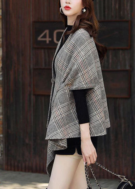 Italian Grey V Neck Asymmetrical Design Plaid Woolen Coats Fall