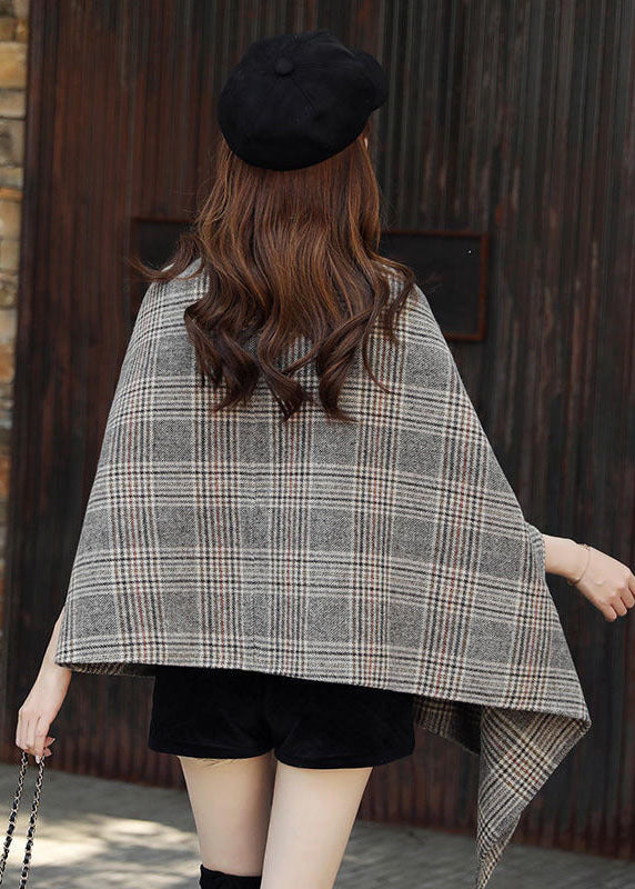 Italian Grey V Neck Asymmetrical Design Plaid Woolen Coats Fall