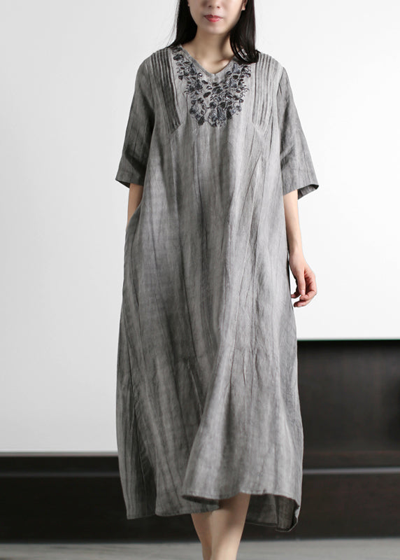 Italian Grey V Neck Embroideried Wrinkled Linen Long Dresses Half Sleeve