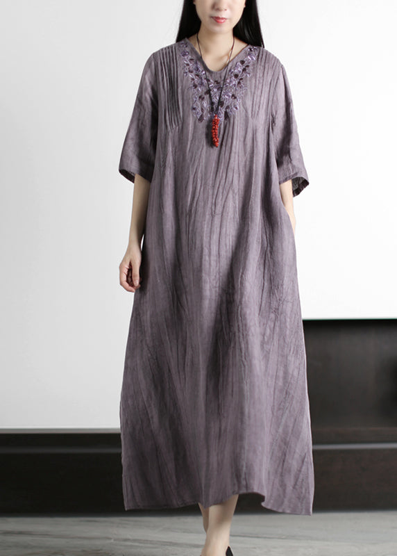 Italian Grey V Neck Embroideried Wrinkled Linen Long Dresses Half Sleeve