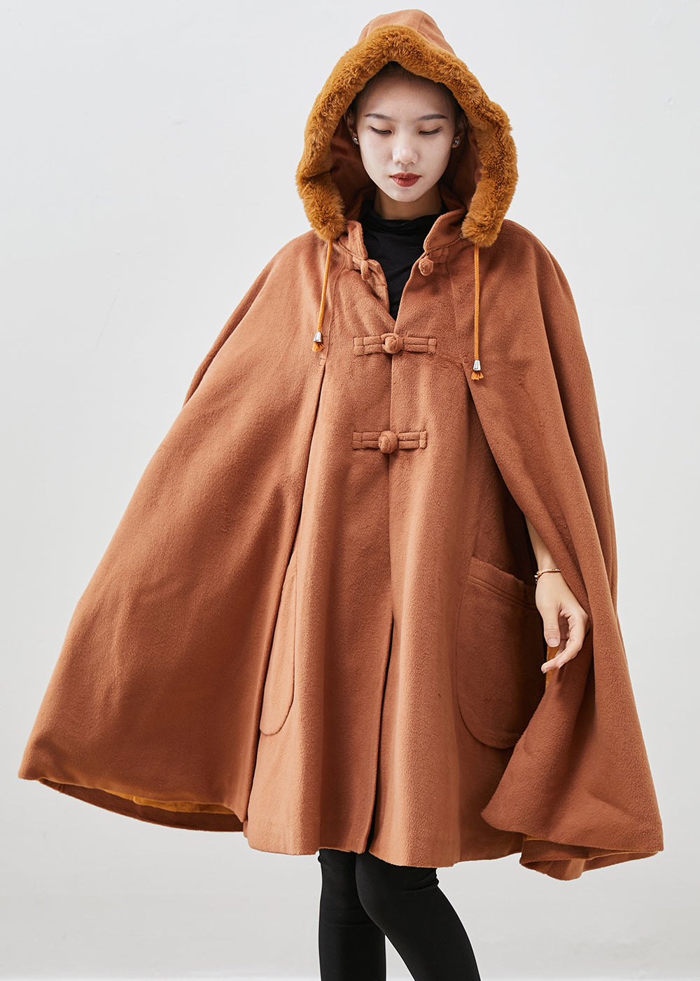 Italian Khaki Fur Collar Oversized Warm Fleece Coat Cloak Sleeves