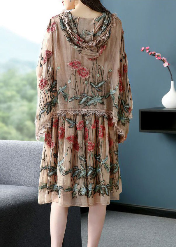 Italian Khaki Hooded Embroideried Patchwork Silk Dress Spring