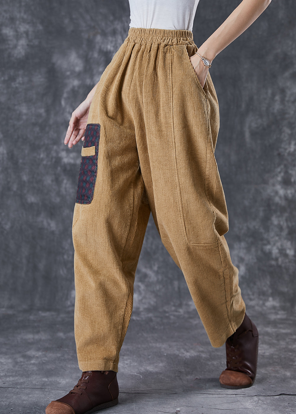 Italian Khaki Oversized Patchwork Applique Corduroy Pants Trousers Spring