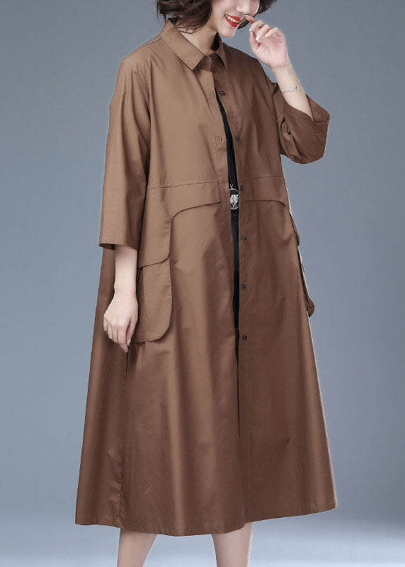 Italian Khaki Peter Pan Collar Button Patchwork Cotton Long Trench Coat Bracelet Sleeve