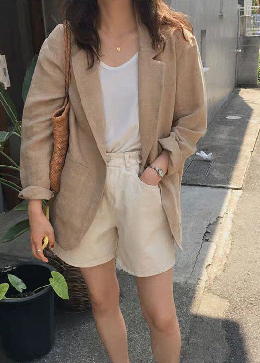 Italian Khaki Peter Pan Collar Pockets Linen Coats Spring