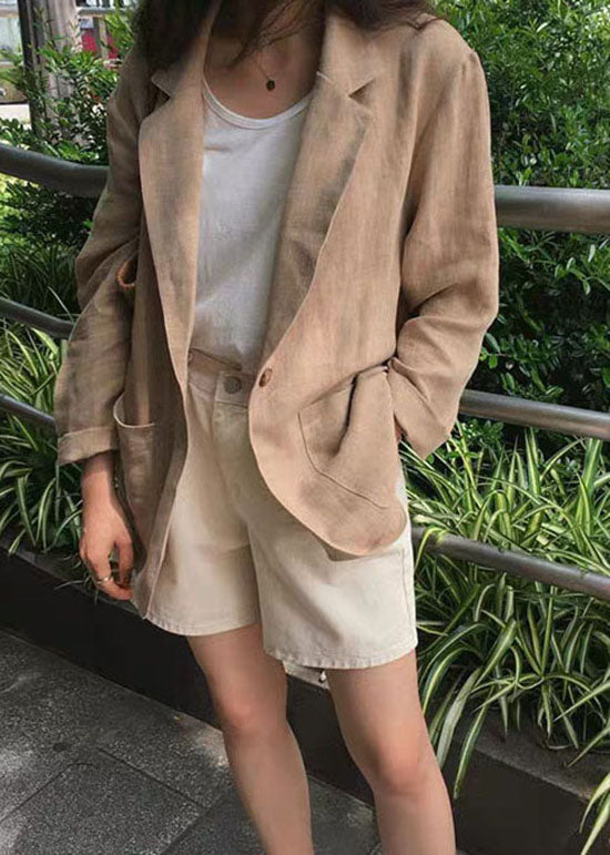 Italian Khaki Peter Pan Collar Pockets Linen Coats Spring