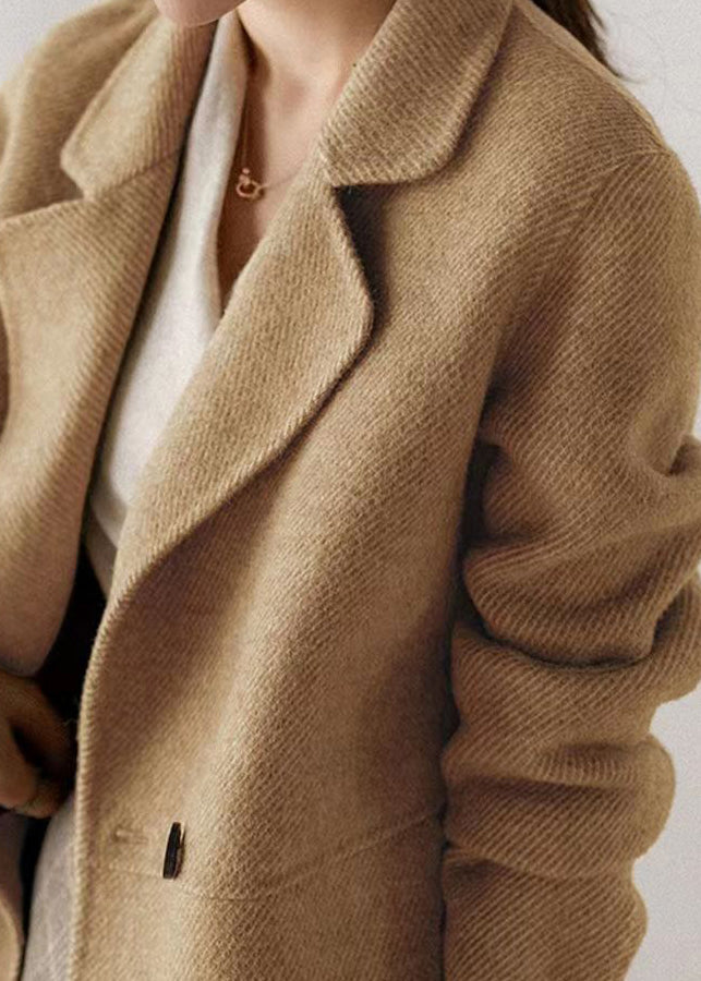 Italian Khaki Peter Pan Collar Pockets Patchwork Woolen Coat Winter