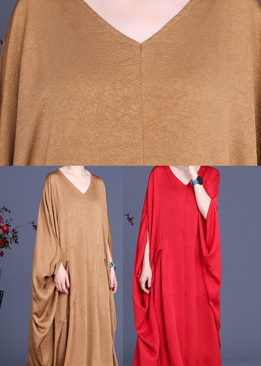 Italian Khaki V Neck Silk Robe Dresses Spring