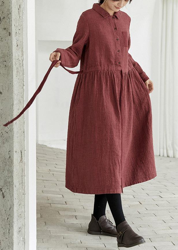 Italian Lapel Cinched Spring Dress Shirts Red Art Dresses - Omychic