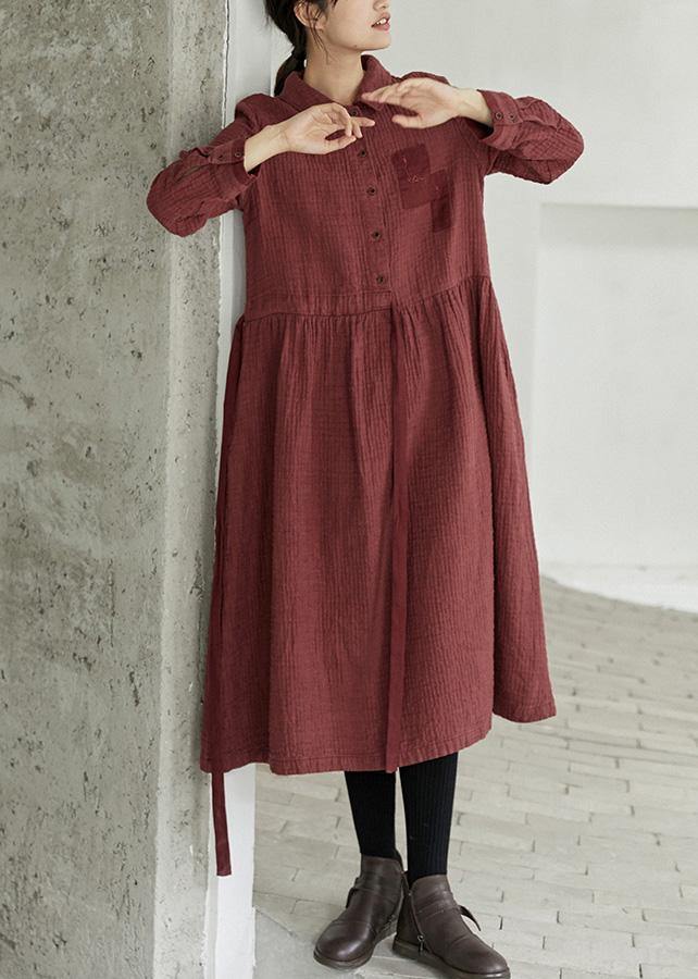 Italian Lapel Cinched Spring Dress Shirts Red Art Dresses - Omychic