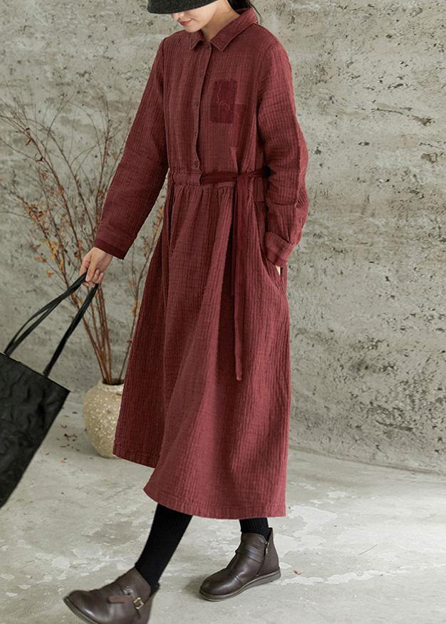Italian Lapel Cinched Spring Dress Shirts Red Art Dresses - Omychic