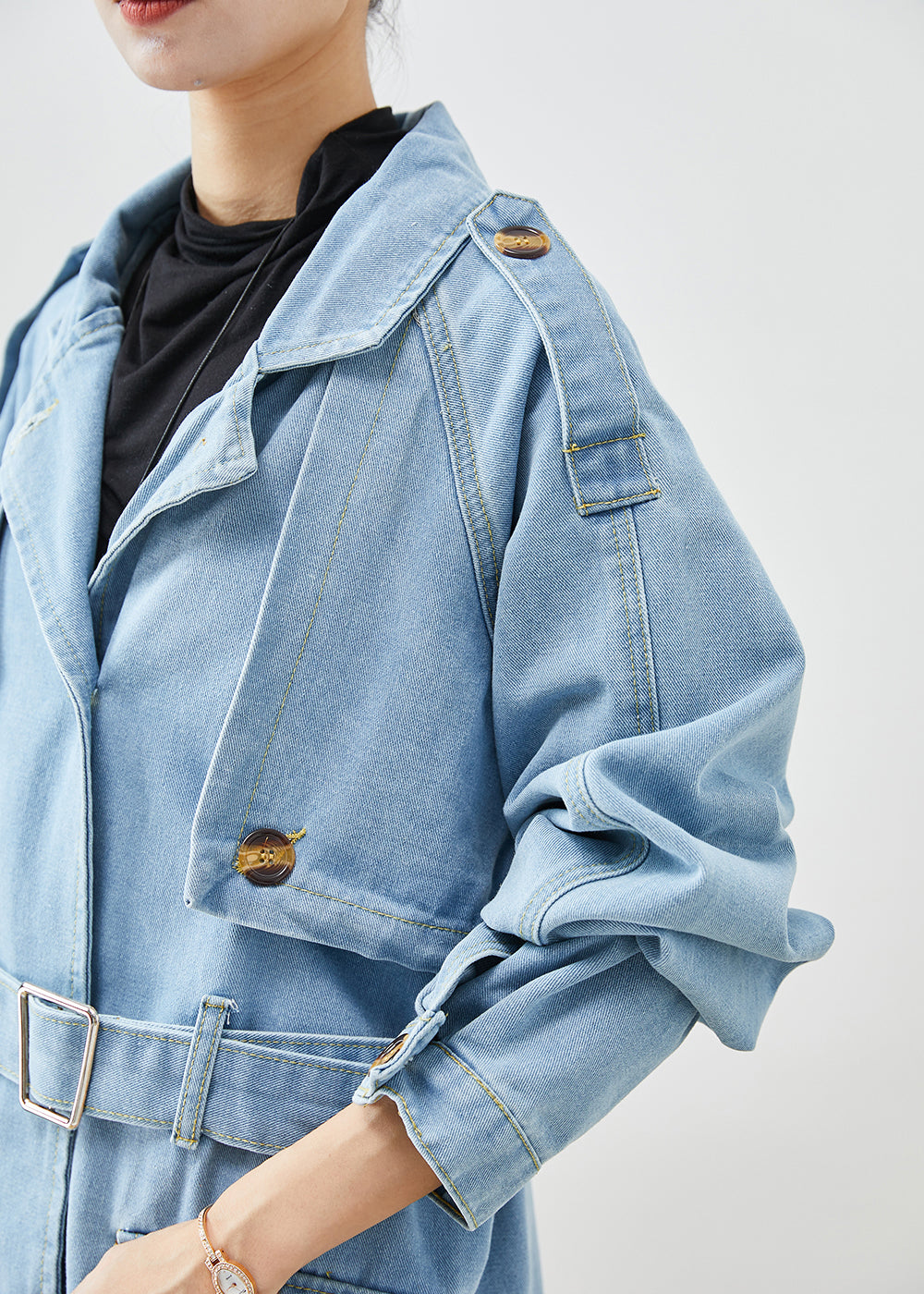 Italian Light Blue Notched Tie Waist Denim Trench Coat Fall