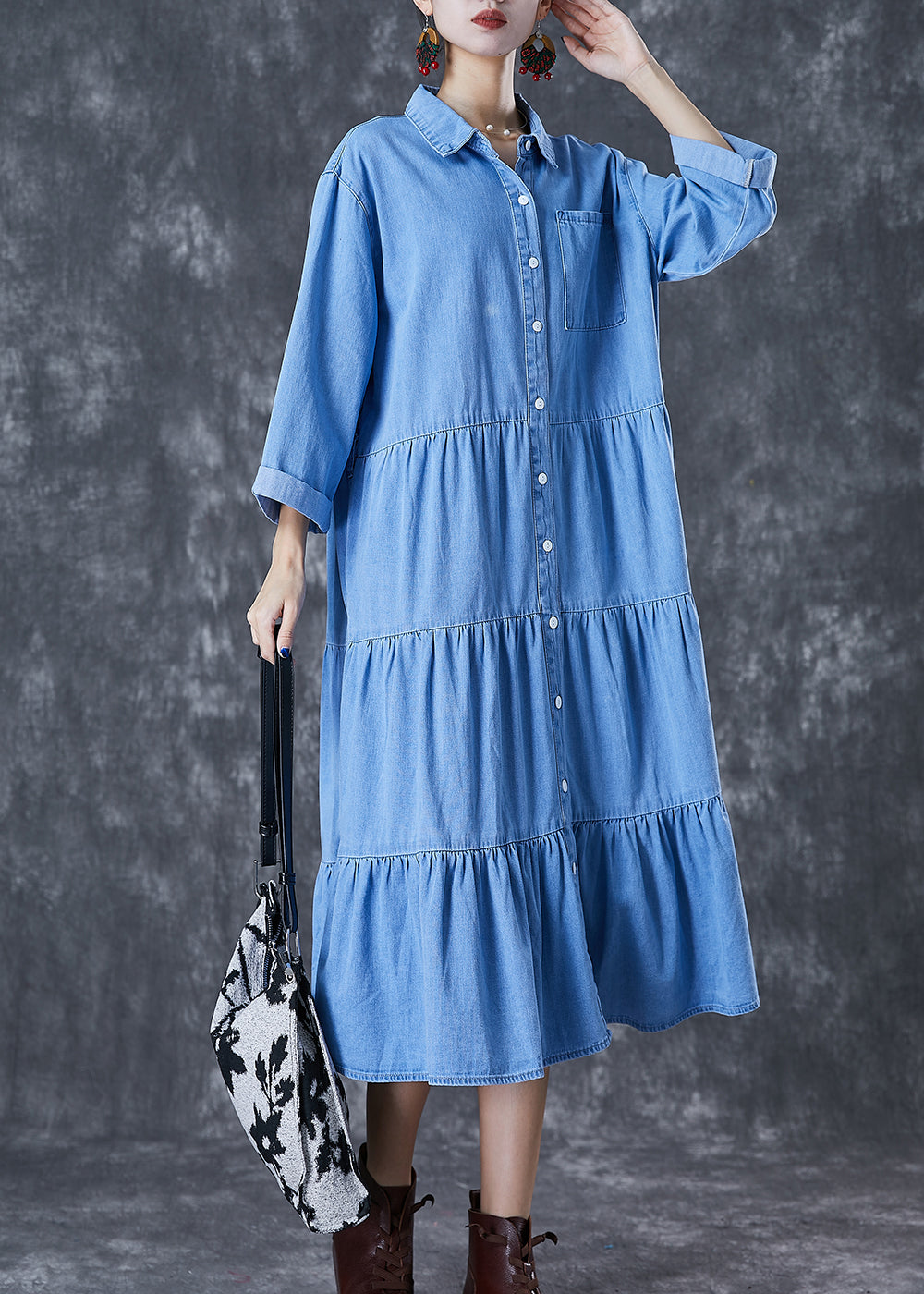 Italian Light Blue Oversized Patchwork Ruffles Cotton Long Dress Fall