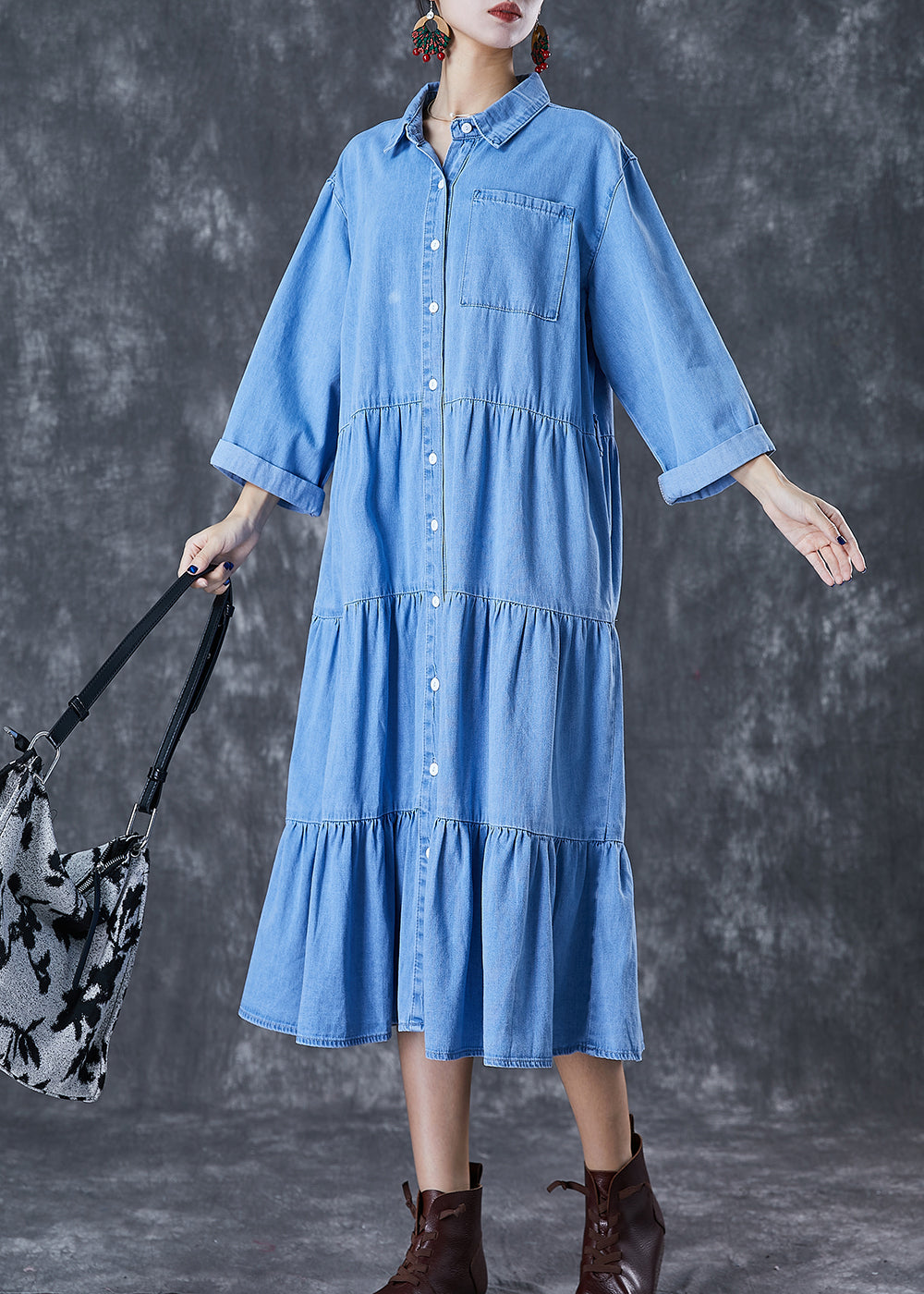 Italian Light Blue Oversized Patchwork Ruffles Cotton Long Dress Fall