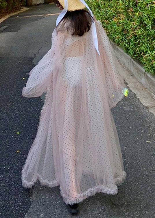 Italian Light Pink V Neck Dot Beach Long Tulle Cardigan Flare Sleeve