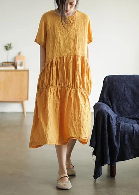 Italian Linen Clothes For Women Organic Solid Color Pleated Spliced Dress - Omychic