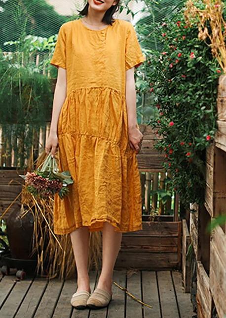 Italian Linen Clothes For Women Organic Solid Color Pleated Spliced Dress - Omychic