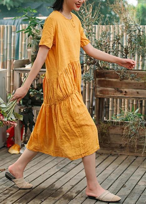 Italian Linen Clothes For Women Organic Solid Color Pleated Spliced Dress - Omychic