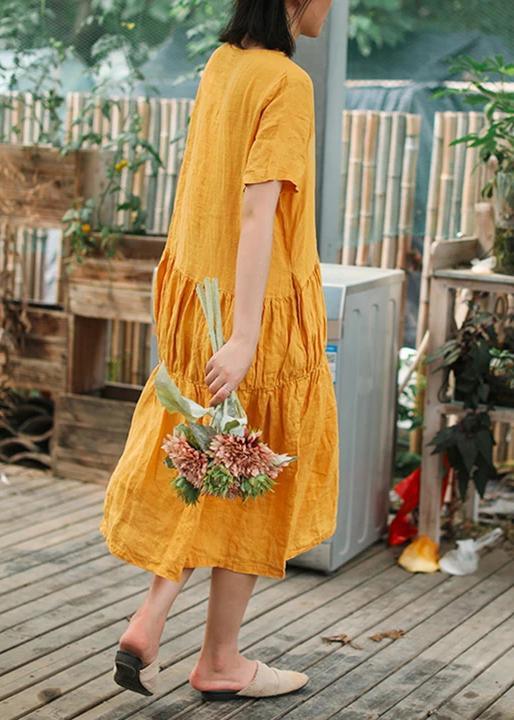 Italian Linen Clothes For Women Organic Solid Color Pleated Spliced Dr –  Omychic