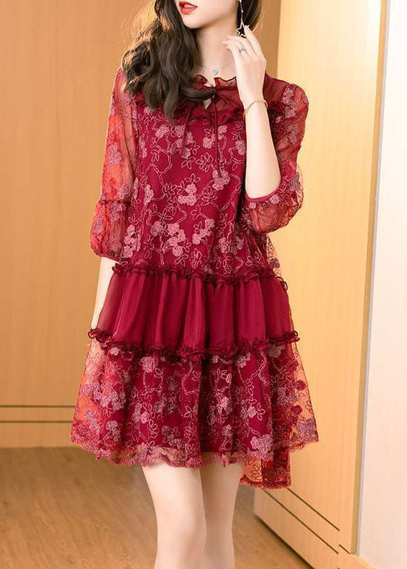 Italian Mulberry Embroideried Ruffled Patchwork Tulle Dress Half Sleeve