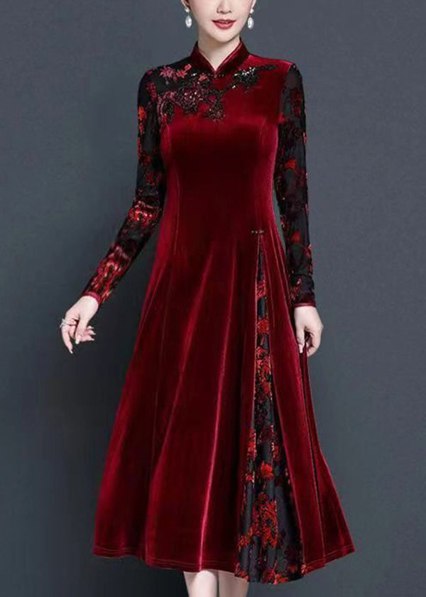 Italian Mulberry Stand Collar Embroideried Patchwork Velour Dress Fall