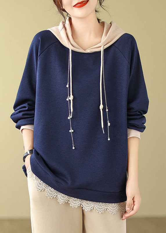 Italian Navy Blue Drawstring Lace Patchwork Fleece Hoodie Sweatshirts Long Sleeve