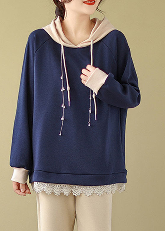 Italian Navy Blue Drawstring Lace Patchwork Fleece Hoodie Sweatshirts Long Sleeve