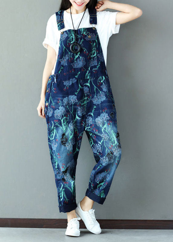 Italian Navy Print Cotton Denim Jumpsuits Ripped Jeans Spring