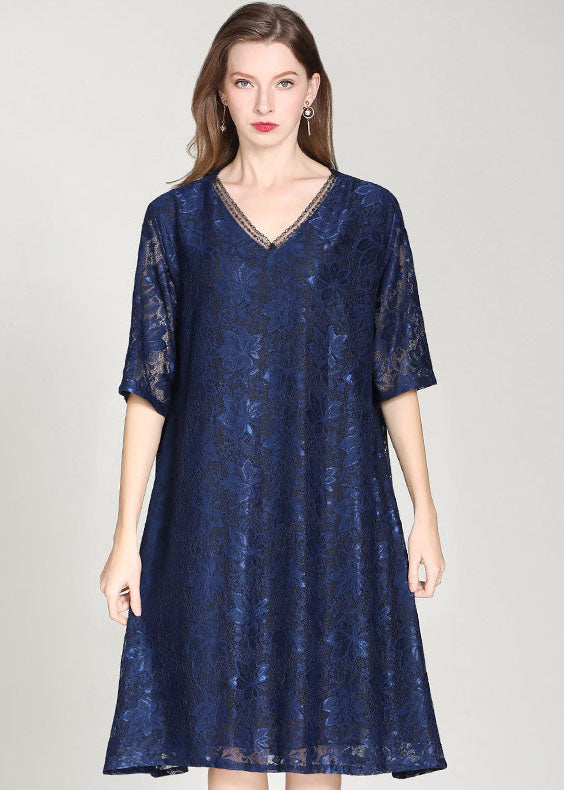 Italian Navy V Neck Embroideried Patchwork Lace Dress Summer