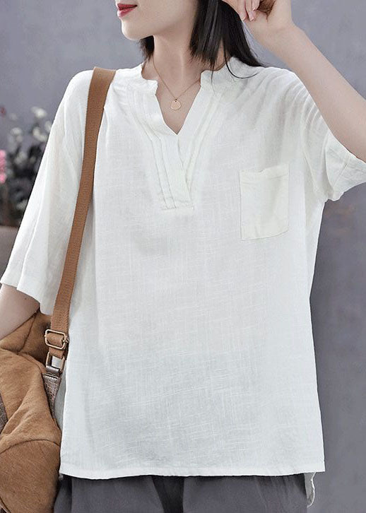 Italian Navy V Neck Pockets Patchwork Cotton T Shirt Summer