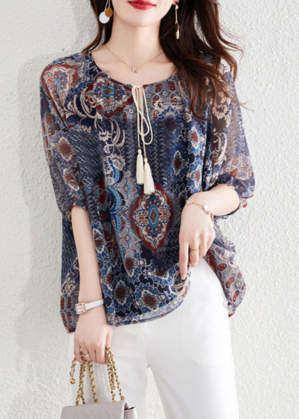 Italian O-Neck Print Neck Tie Chiffon Shirt Short Sleeve